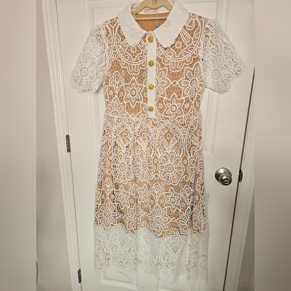 Orage Cream and White Floral Lace Midi Dress